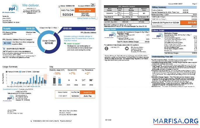 Blank USA Pennsylvania PPL electric utility bill, 3 pages download for verification